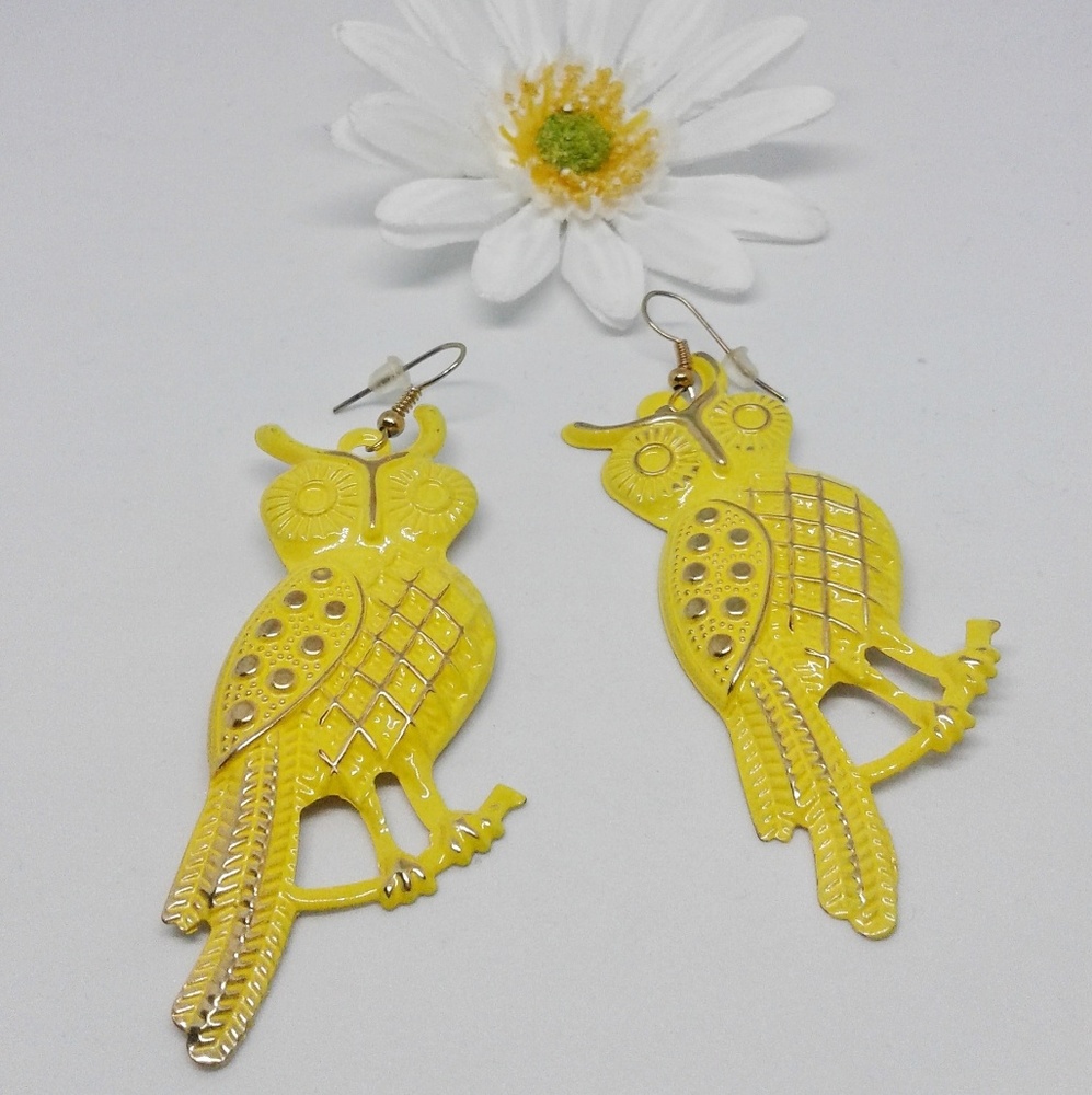Handmade Rustic Owl Yellow Earrings( Made In Spain - Picture 1 of 4